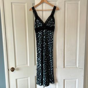 Vintage Betsey Johnson Slip Dress, Black w/Small Blue Flowers, Green Leaves.